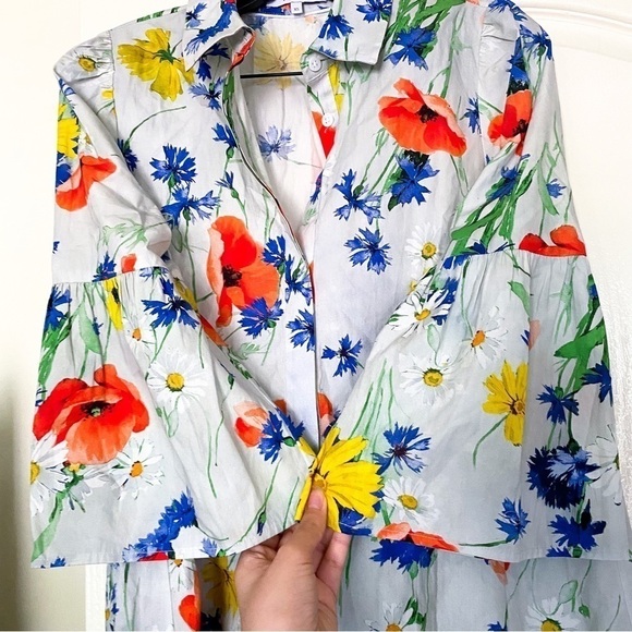 Pearl Lela Rose Dress Floral Poplin Flounce Hem Shirtdress Blue Multi XS GUC - Picture 6 of 9